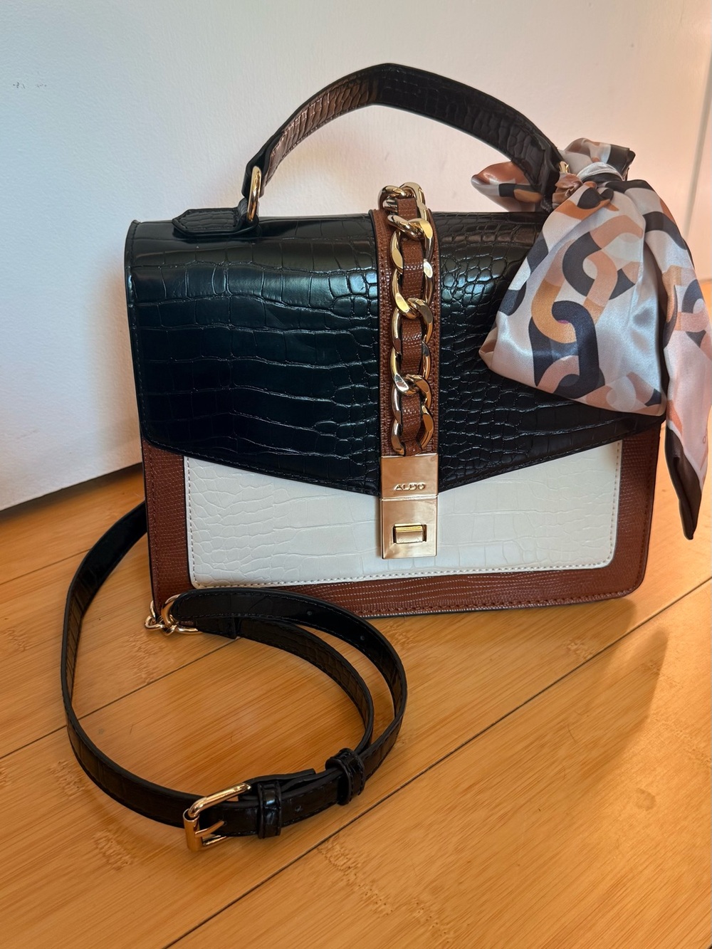 ALDO Croc Embossed cream, black, brown; gold accents; removable strap satchel